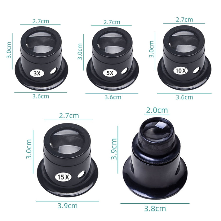 5 uds lupa ocular lente de cristal tipo ocular reparación lupa, veces:, 5pcs 3X, 5pcs 5X, 5pcs 10X, 5pcs 15X, 5pcs 20X