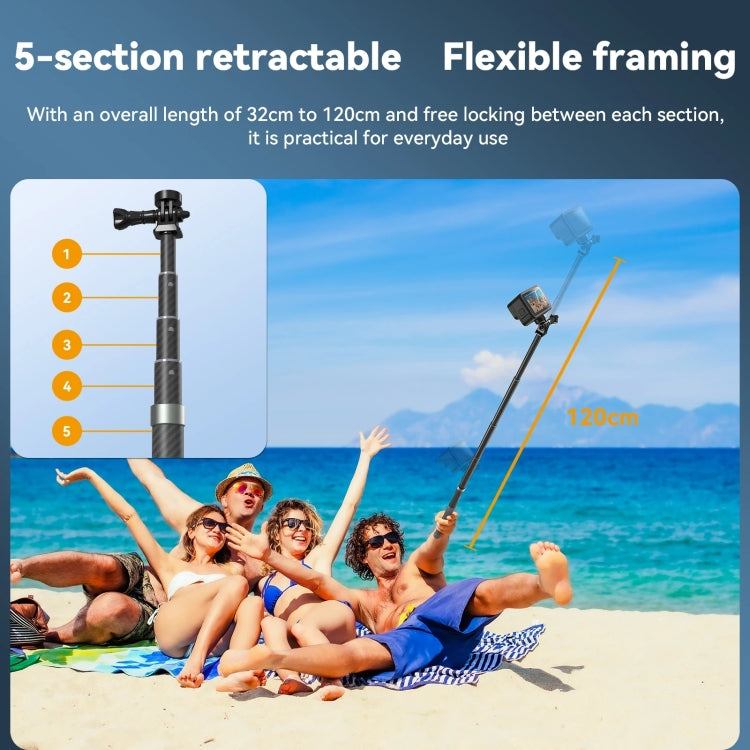 TELESIN 1.2m Fibra de carbono Monopod Selfie Stick con tornillo 1/4 para cámaras de acción, 1.2m