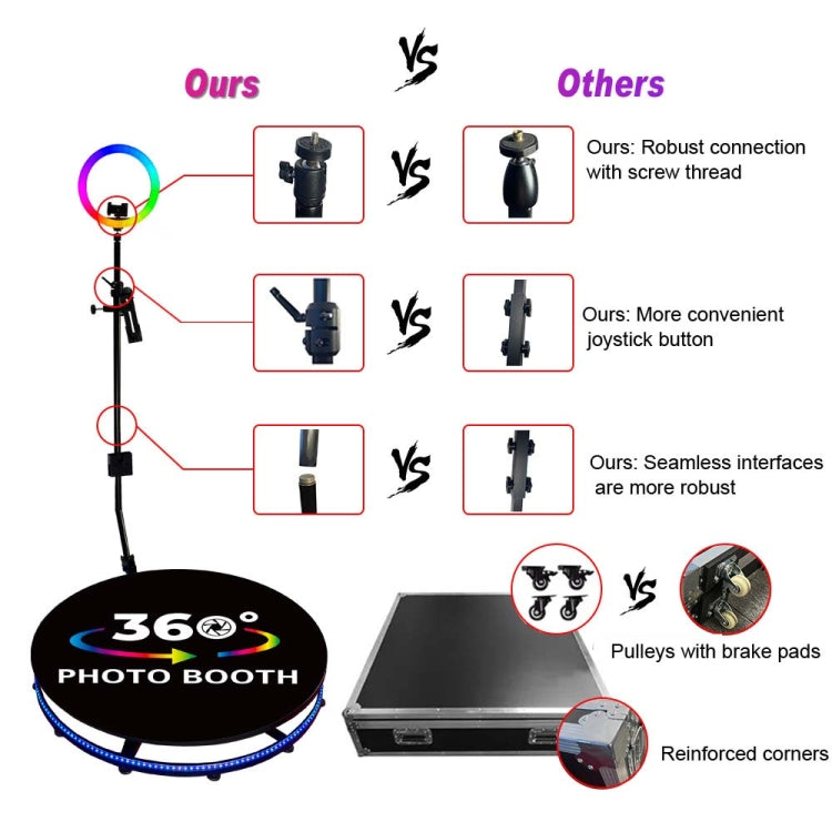 Cabina de fotos con luz de relleno RGB que gira el soporte de giro de la foto de la cámara con estuche de vuelo, 68cm, 80cm, 100cm, 115cm