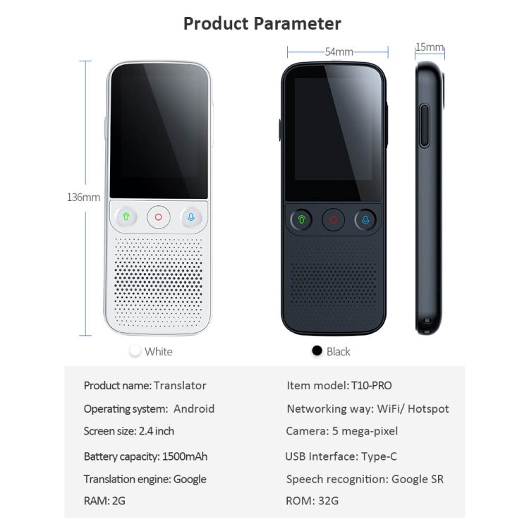 La máquina de traducción de la foto/de la grabación de la inteligencia artificial de T10Pro Wifi admite 138 idiomas, T10Pro White, T10Pro Black