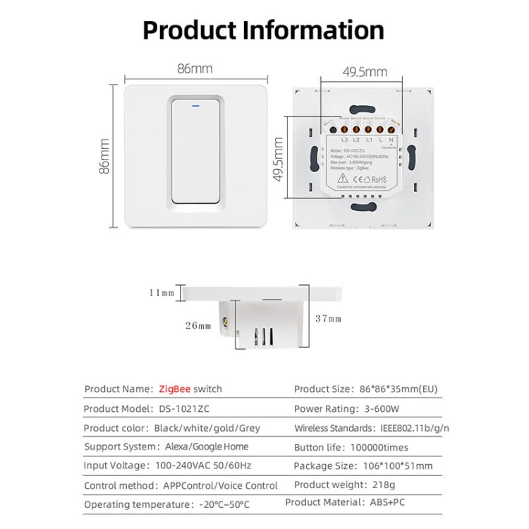 Tuya ZigBee Smart Single-fire Zero-fire Sharing Switch Control de teléfono Panel de voz Enchufe de la UE, especificaciones:, 1 Button, 2 Buttons, 3 Buttons