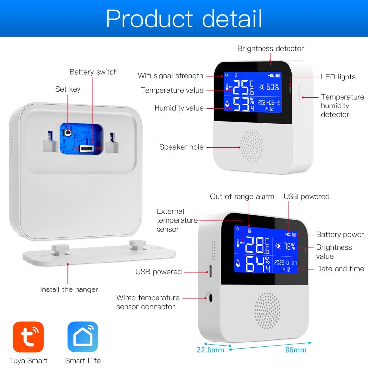 Sensor de temperatura y humedad WIFI Tuya con pantalla LCD de 2,9 pulgadas, especificaciones:, Only Sensor, With Sensing Line