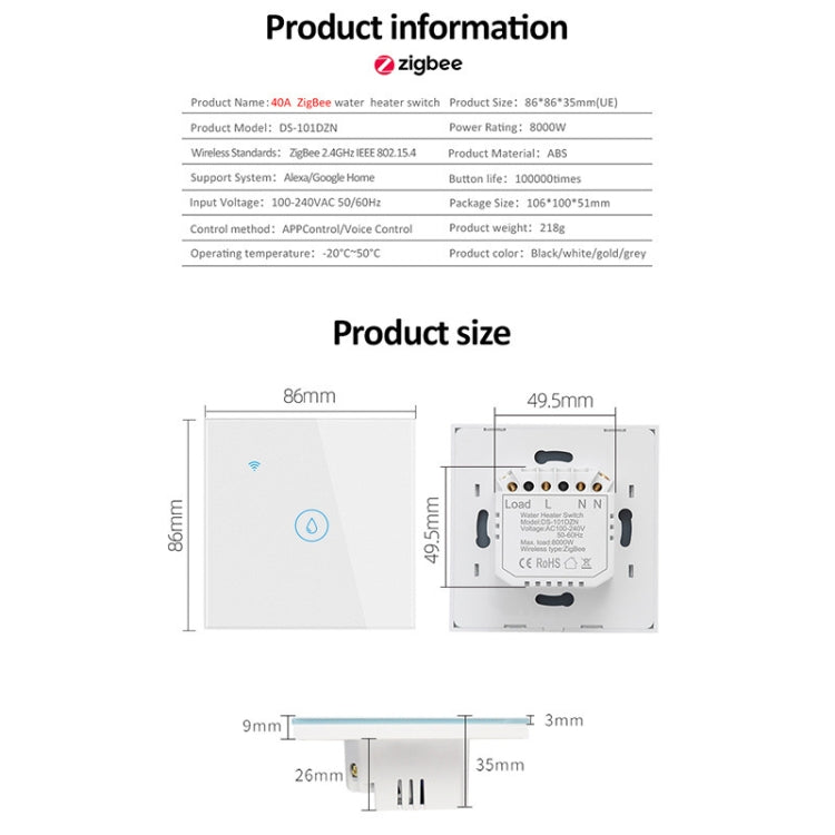 Tuya ZigBee 40A Calentador de agua inteligente de alta potencia Luz Aire acondicionado Interruptor Tiempo Control remoto por voz, ZigBee 40A White, ZigBee 40A Black