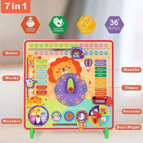 7 en 1 Calendario para niños y reloj de enseñanza Juguetes educativos, Lion