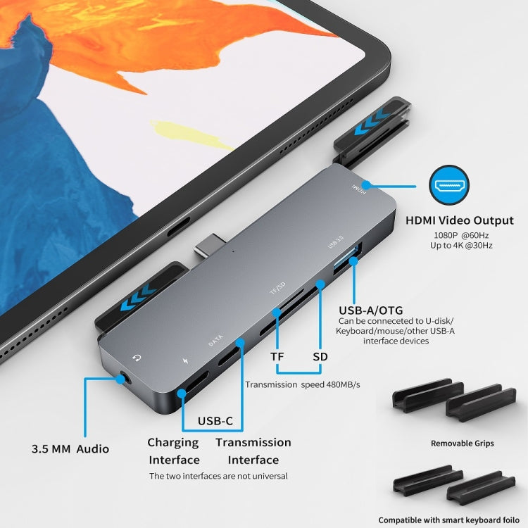 Para IPad Pro 7 en 1 HDMI 4K + Audio de 3,5 mm + SD/TF+ 1 USB 3.0 + USB-C/Tipo-C + Estación de acoplamiento PD USB-C, For IPad Pro 7-In-1