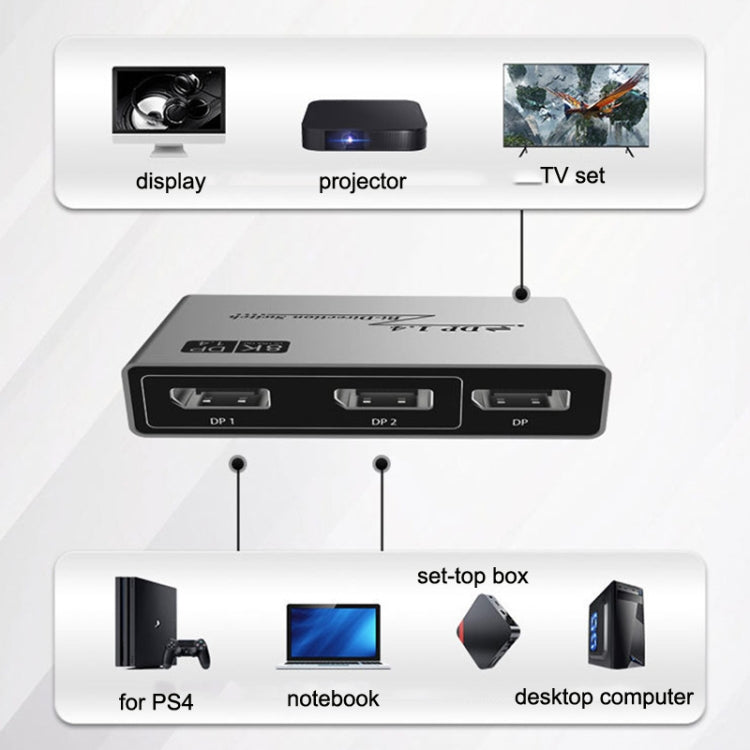 Conmutador bidireccional DP 8K 60HZ 1.4V 2 en 1 salida, 8K Switcher(Grey)