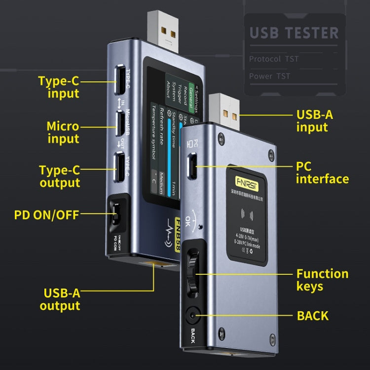 FNIRSI FNB58 Amperímetro de voltaje USB TYPE-C Probador de potencia de carga rápida, Bluetooth, Without Bluetooth
