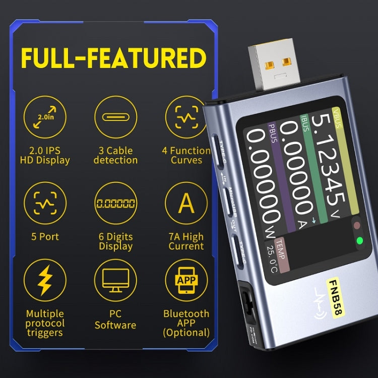 FNIRSI FNB58 Amperímetro de voltaje USB TYPE-C Probador de potencia de carga rápida, Bluetooth, Without Bluetooth