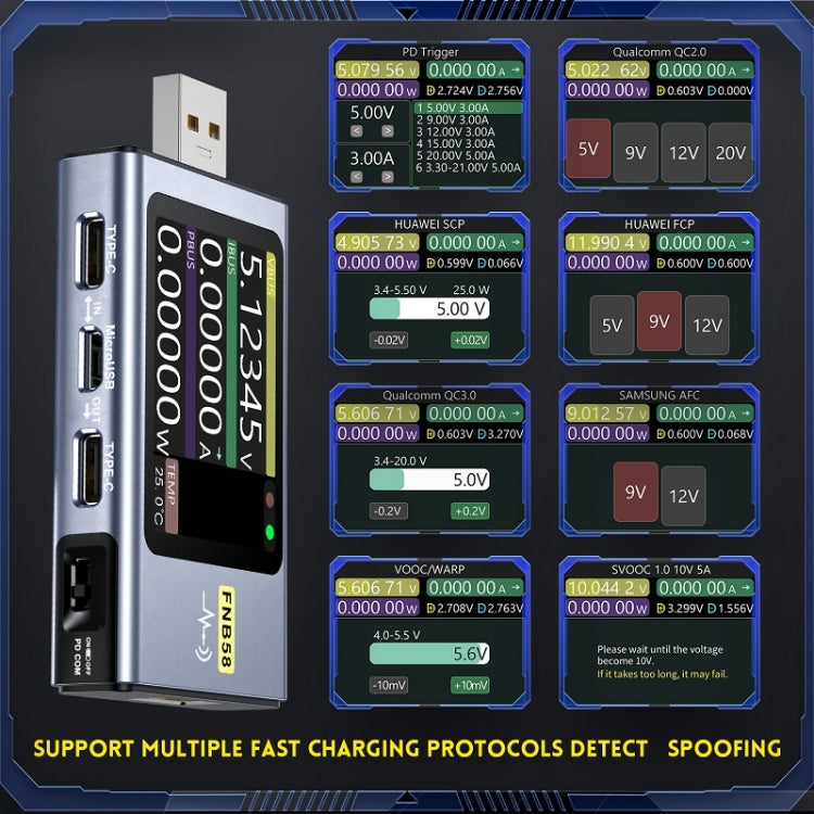 FNIRSI FNB58 Amperímetro de voltaje USB TYPE-C Probador de potencia de carga rápida, Bluetooth, Without Bluetooth