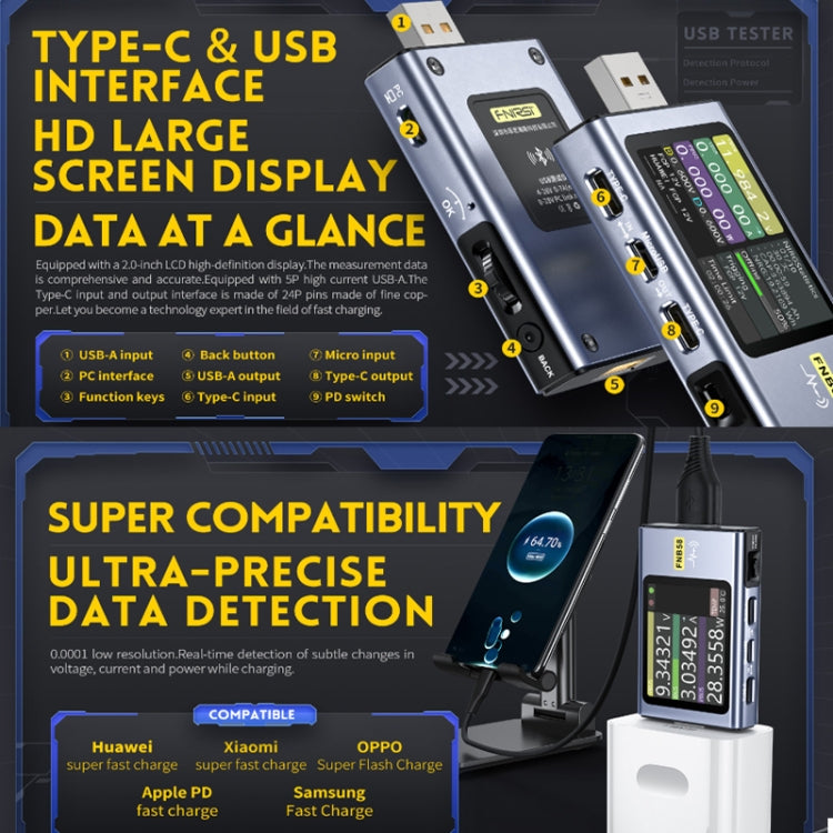 FNIRSI FNB58 Amperímetro de voltaje USB TYPE-C Probador de potencia de carga rápida, Bluetooth, Without Bluetooth