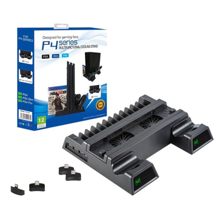 Para PS4 / PS4 Slim / PS4 Pro Soporte de ventilador de refrigeración Consola Soporte vertical Refrigerador con cargador de controlador dual, JL-P1908