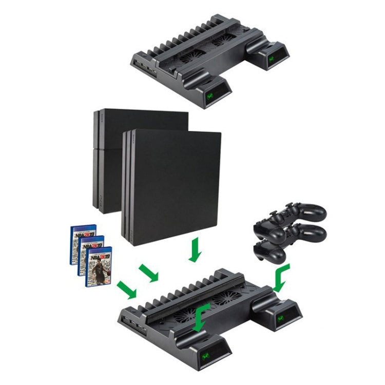 Para PS4 / PS4 Slim / PS4 Pro Soporte de ventilador de refrigeración Consola Soporte vertical Refrigerador con cargador de controlador dual, JL-P1908