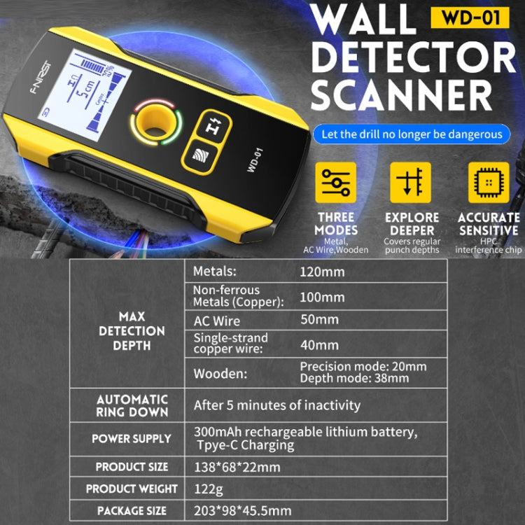 FNIRSI WD-01 Detector de metales de alambre de pared de carga multifuncional Escáner de línea oscura, WD-01