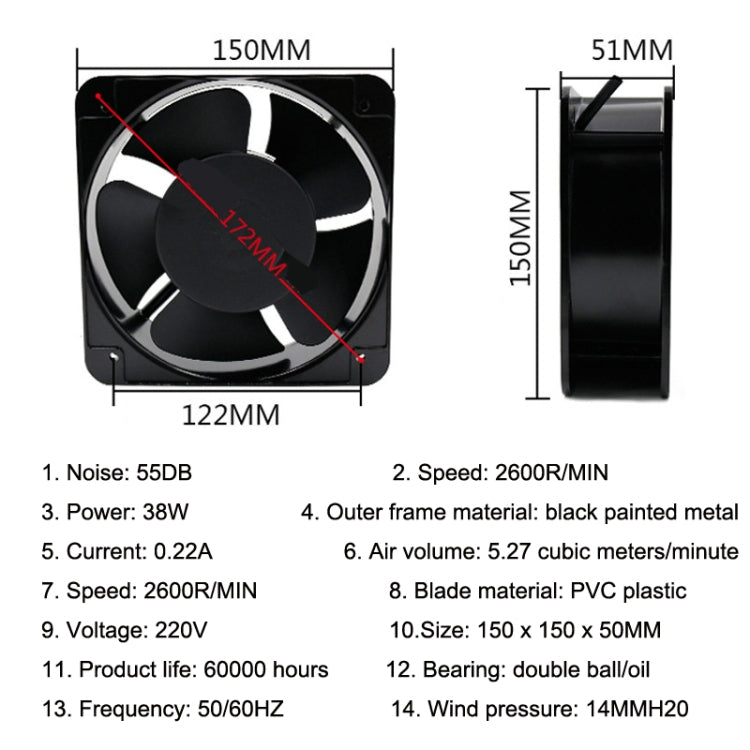 Eje del gabinete eléctrico del chasis del rodillo de 220V 38W 15cm, Oil Bearing Fan, Double Rolling Ball Bearing Fan