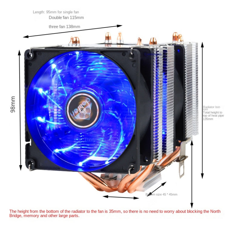 Radiador de CPU de doble tubo de cobre para computadora de escritorio súper silencioso, 2 Tube Without Light 3-pin Single Fan, 2 Tube Without Light 3-pin Double Fan, 2 Tube Red Light 3-pin Single Fan, 2 Tube Blue Light 3-pin Single Fan                 ...