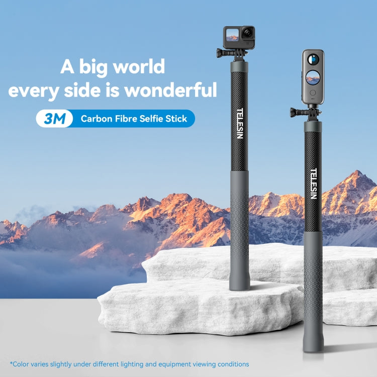 TELESIN 3M Fibra de carbono Selfie Stick Monopod con tornillo 1/4 para cámara de acción, 3m