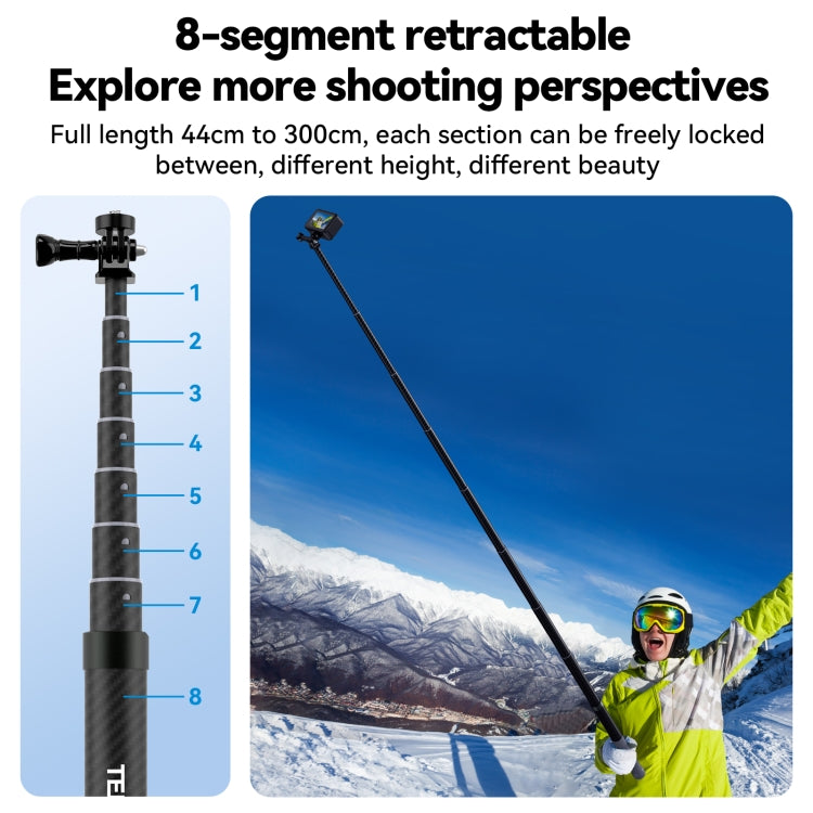 TELESIN 3M Fibra de carbono Selfie Stick Monopod con tornillo 1/4 para cámara de acción, 3m