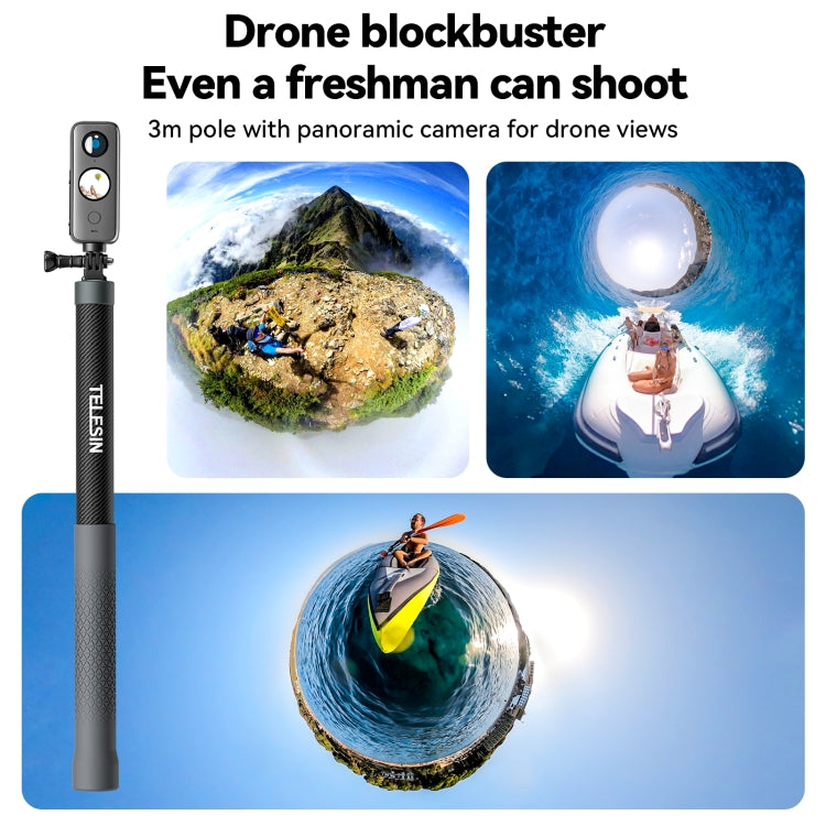 TELESIN 3M Fibra de carbono Selfie Stick Monopod con tornillo 1/4 para cámara de acción, 3m