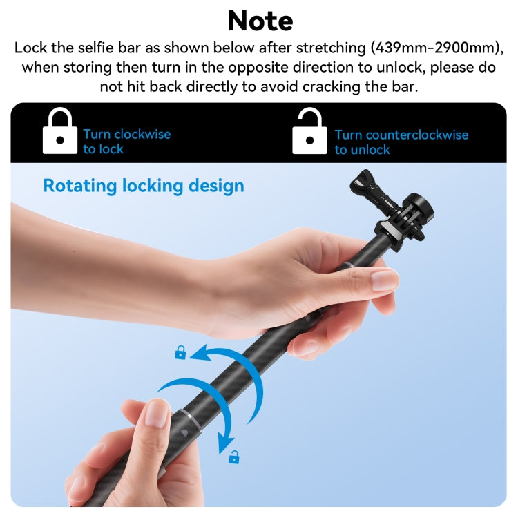 TELESIN 3M Fibra de carbono Selfie Stick Monopod con tornillo 1/4 para cámara de acción, 3m