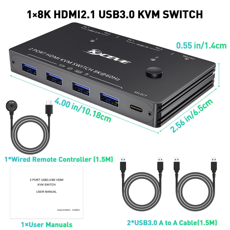 KC-KVM8201 USB3.0 Switch U Disk Printer Dos computadoras para compartir 8K HDMI KVM Switch, KC-KVM8201