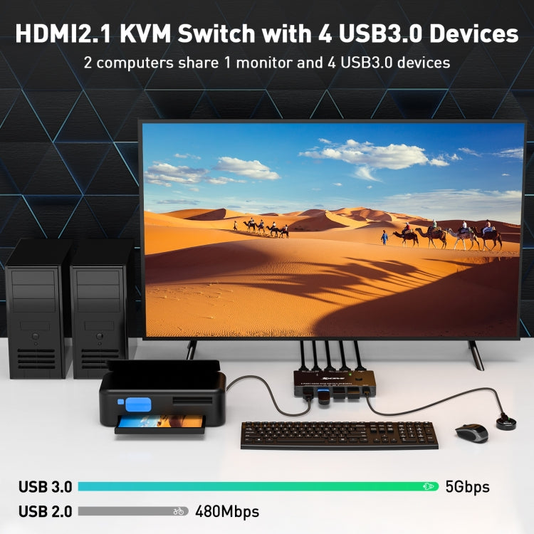KC-KVM8201 USB3.0 Switch U Disk Printer Dos computadoras para compartir 8K HDMI KVM Switch, KC-KVM8201