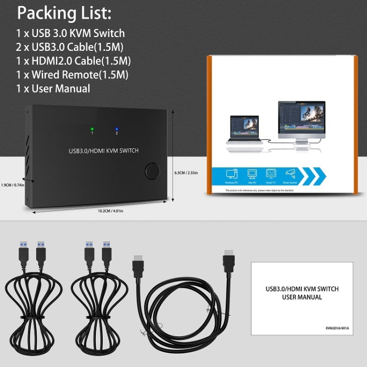 KC-KVM201A 2 en 1 salida 4K 60HZ HDMI KVM Switching USB3.0 Impresora en forma de computadora compartida Disco U, KC-KVM201A