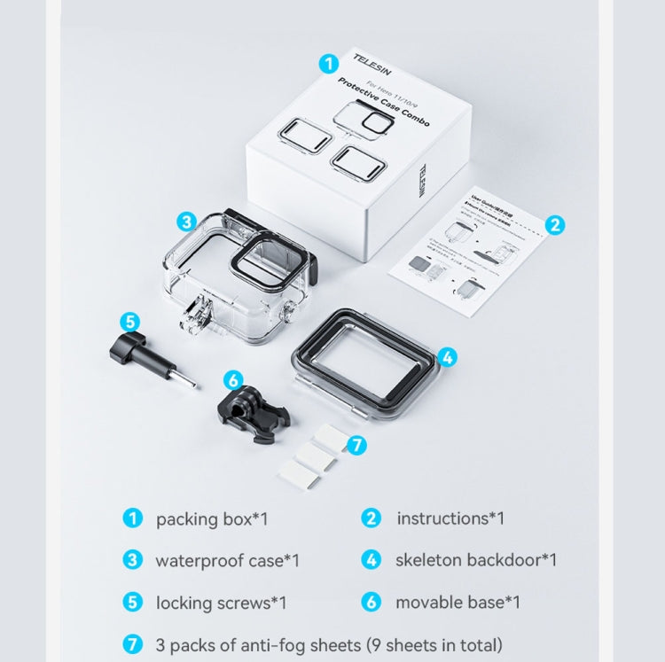 Para GoPro Hero11 Black / HERO10 Black / HERO9 Black TELESIN Estuche impermeable Escena completa Anti-vaho Carcasa de buceo subacuático, For GoPro Hero11 Black / HERO10 Black / HERO9 Black