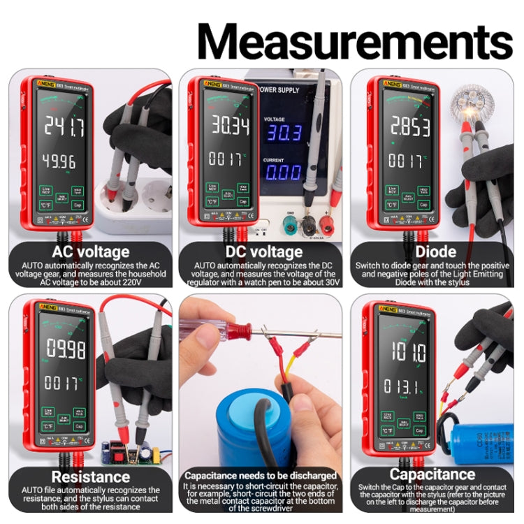 Multímetro recargable de rango automático con pantalla táctil inteligente ANENG 683, 683 Red, 683 Black