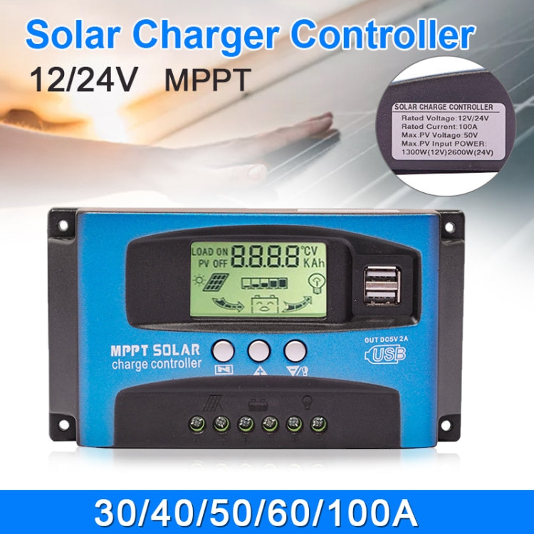 Controlador de carga solar YCX-003 30-100A con pantalla LED y cargador MPPT inteligente con puerto USB dual, 12/24V 30A, 12/24V 40A, 12/24V 50A, 12/24V 60A, 12/24V 100A, 12/24/36/48/60V 40A, 12/24/36/48/60V 100A, 12/24/36/48/60V Wifi 40A               ...