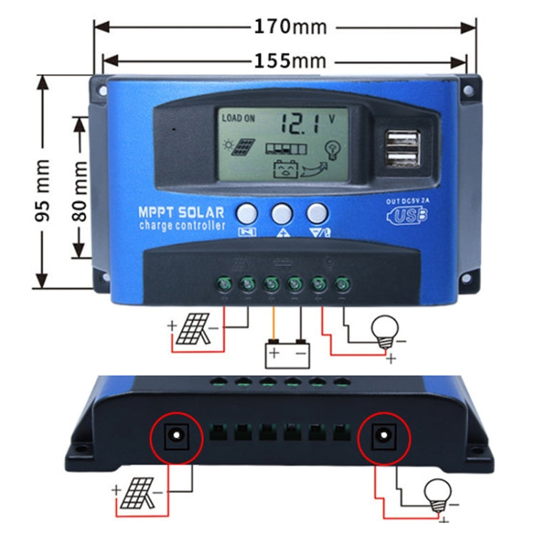 Controlador de carga solar YCX-003 30-100A con pantalla LED y cargador MPPT inteligente con puerto USB dual, 12/24V 30A, 12/24V 40A, 12/24V 50A, 12/24V 60A, 12/24V 100A, 12/24/36/48/60V 40A, 12/24/36/48/60V 100A, 12/24/36/48/60V Wifi 40A               ...
