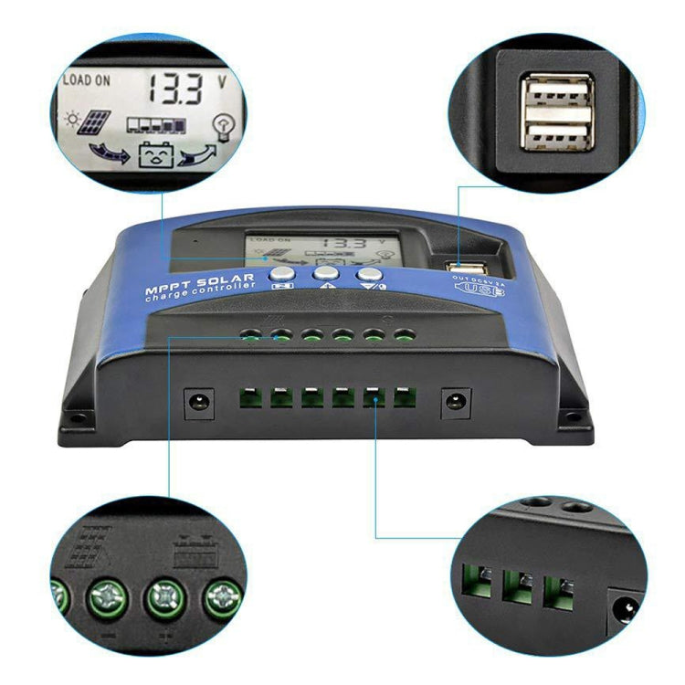 Controlador de carga solar YCX-003 30-100A con pantalla LED y cargador MPPT inteligente con puerto USB dual, 12/24V 30A, 12/24V 40A, 12/24V 50A, 12/24V 60A, 12/24V 100A, 12/24/36/48/60V 40A, 12/24/36/48/60V 100A, 12/24/36/48/60V Wifi 40A               ...