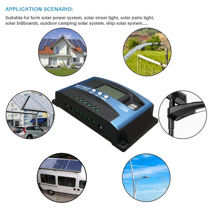 Controlador de carga solar YCX-003 30-100A con pantalla LED y cargador MPPT inteligente con puerto USB dual, 12/24V 30A, 12/24V 40A, 12/24V 50A, 12/24V 60A, 12/24V 100A, 12/24/36/48/60V 40A, 12/24/36/48/60V 100A, 12/24/36/48/60V Wifi 40A               ...