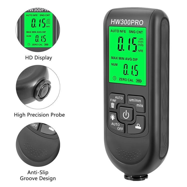 Medidor de espesor de capa de polvo de pintura de recubrimiento de alta precisión HW-300PRO medidor de película de pintura antideslizante, HW-300PRO Black, HW-300PRO White