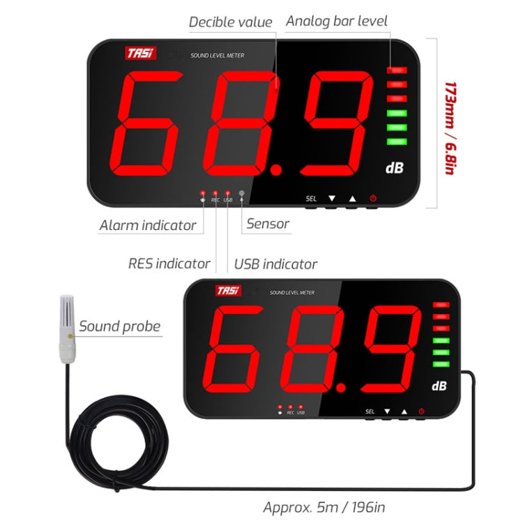 Detector de decibelios de medidor de ruido montado en la pared de pantalla grande, TA653A, TA654A