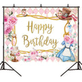 Fondo de cumpleaños de dibujos animados de pastel de flores rosadas decoración de cumpleaños de tela Banner banderas colgantes, 150 x 100cm, 180 x 120cm, 210 x 150cm