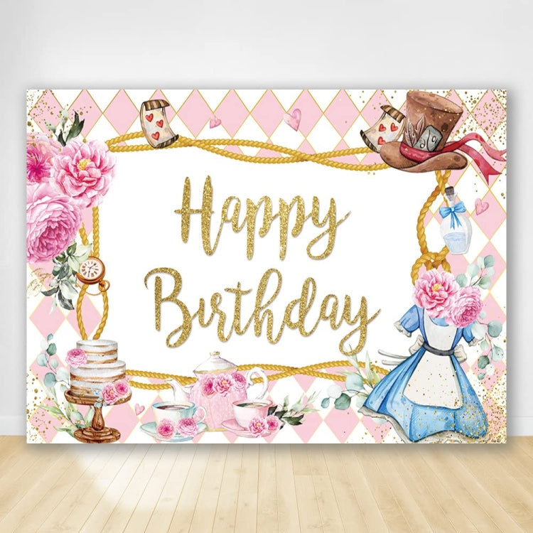 Fondo de cumpleaños de dibujos animados de pastel de flores rosadas decoración de cumpleaños de tela Banner banderas colgantes, 150 x 100cm, 180 x 120cm, 210 x 150cm