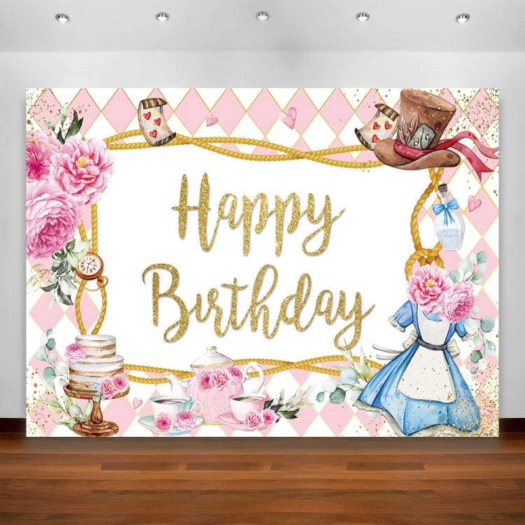 Fondo de cumpleaños de dibujos animados de pastel de flores rosadas decoración de cumpleaños de tela Banner banderas colgantes, 150 x 100cm, 180 x 120cm, 210 x 150cm