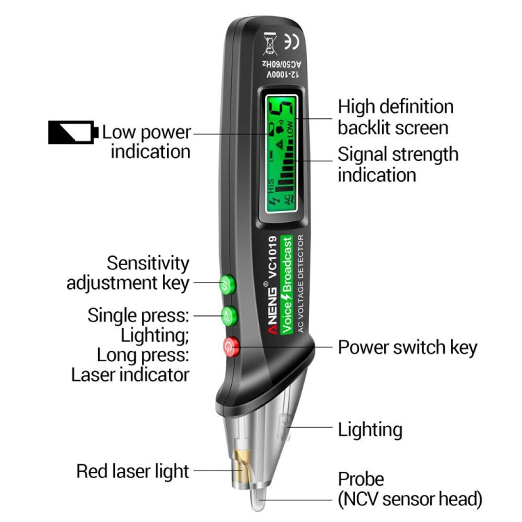 Pluma eléctrica de inducción sin contacto ANENG VC1019, pluma de prueba de voz de punto de interrupción de detección de línea de alta precisión, VC1019