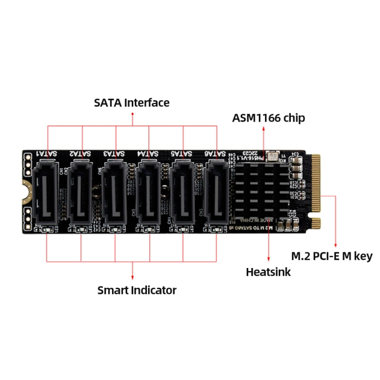 Tarjeta de expansión de transferencia M2 M-KEY PCIE 3,0 a SATA6G, tarjeta adaptadora de expansión de disco duro de 6 puertos, 6 Port