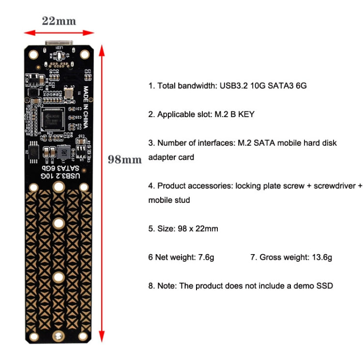 Disco duro SATA NGFF M.2 Bkey SSD a USB3.1 Tipo-C / USB-C Placa de conversión de tarjeta de expansión, SSD To USB3.1