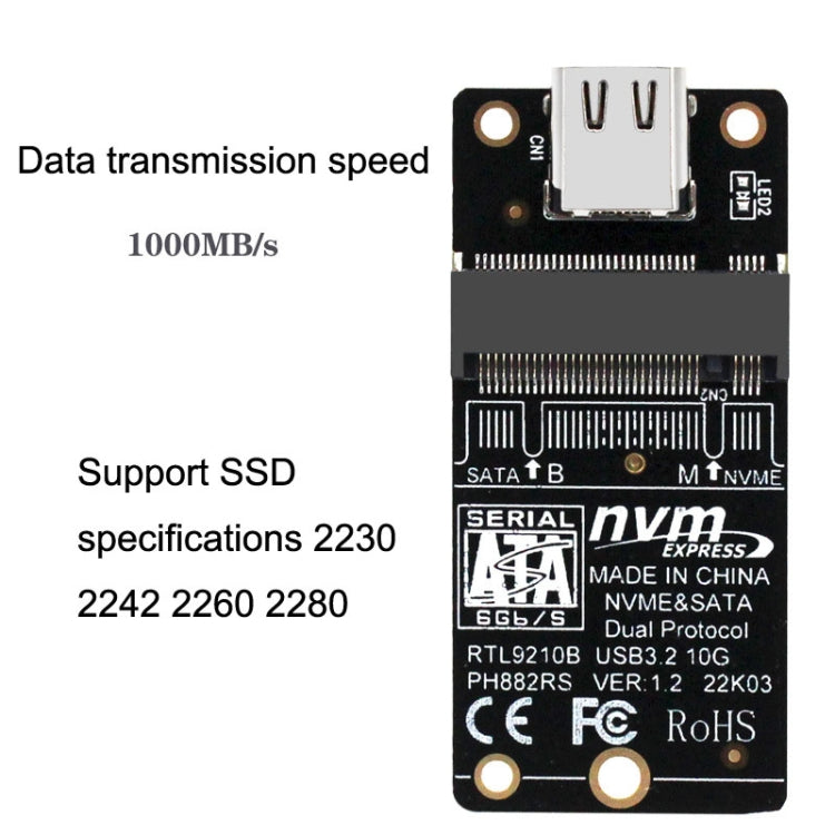 Tarjeta de transferencia de caja de disco duro M.2 NVME RTL9210B Chip Tipo-C / USB-C USB3.1 Gen2 10Gbps