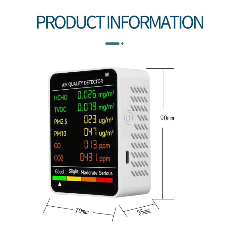 Detector de calidad del aire PM2.5/PM10 Monitor de calidad del aire interior, 6 in 1 Air Quality Detector White, 6 in 1 Air Quality Detector Black