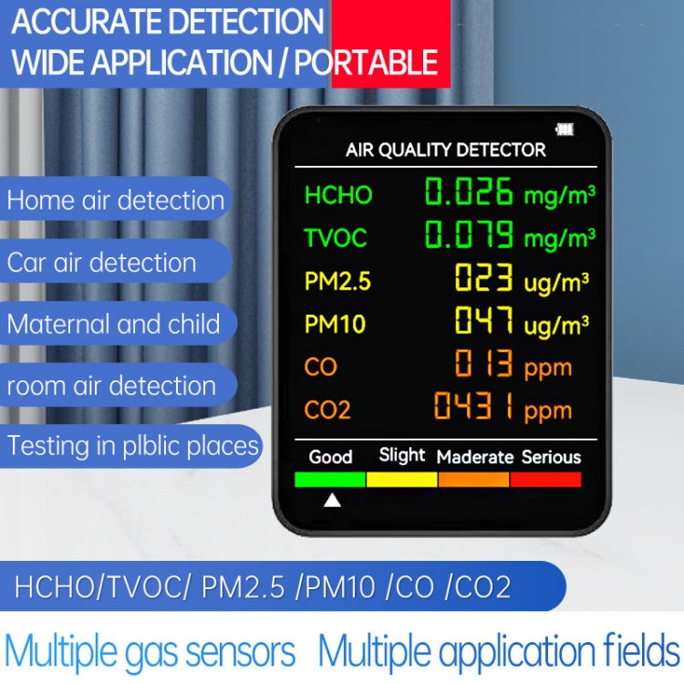 Detector de calidad del aire PM2.5/PM10 Monitor de calidad del aire interior, 6 in 1 Air Quality Detector White, 6 in 1 Air Quality Detector Black