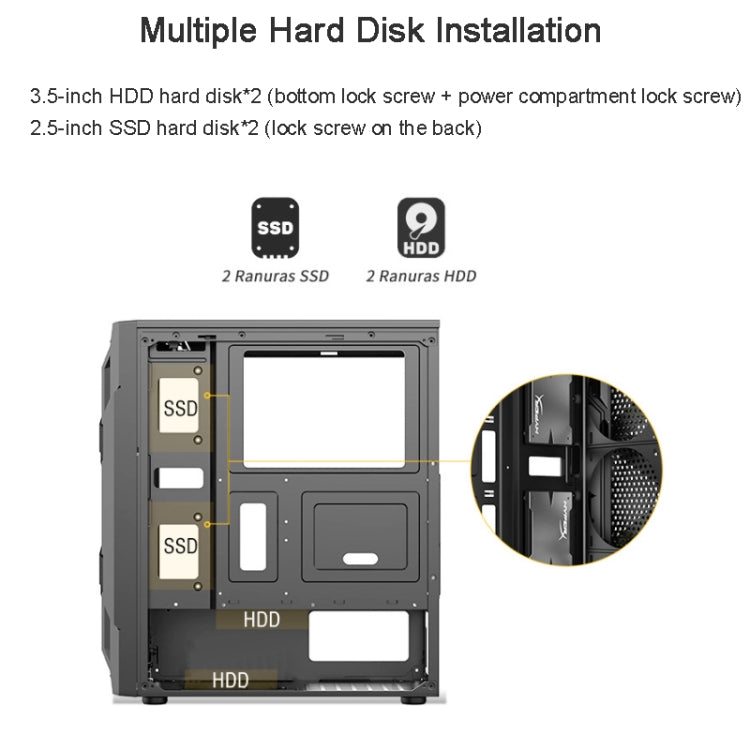 Caja de computadora ATX transparente lateral de acrílico con posición de 6 ventiladores e interfaz USB 3.0, Black, White