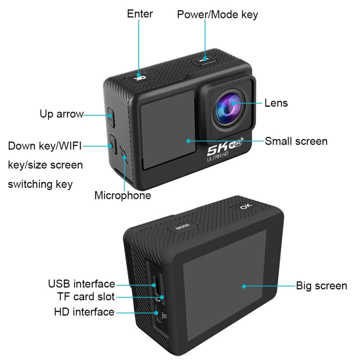 5K / 30FPS WIFI HD Anti-Shake Remote Touch Dual-Screen IP68 Cámara deportiva a prueba de agua, 5K, 5K Camera + 64G Card, 5K Camera+128G Card