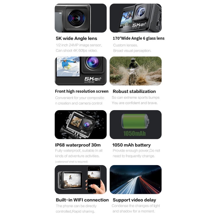5K / 30FPS WIFI HD Anti-Shake Remote Touch Dual-Screen IP68 Cámara deportiva a prueba de agua, 5K, 5K Camera + 64G Card, 5K Camera+128G Card