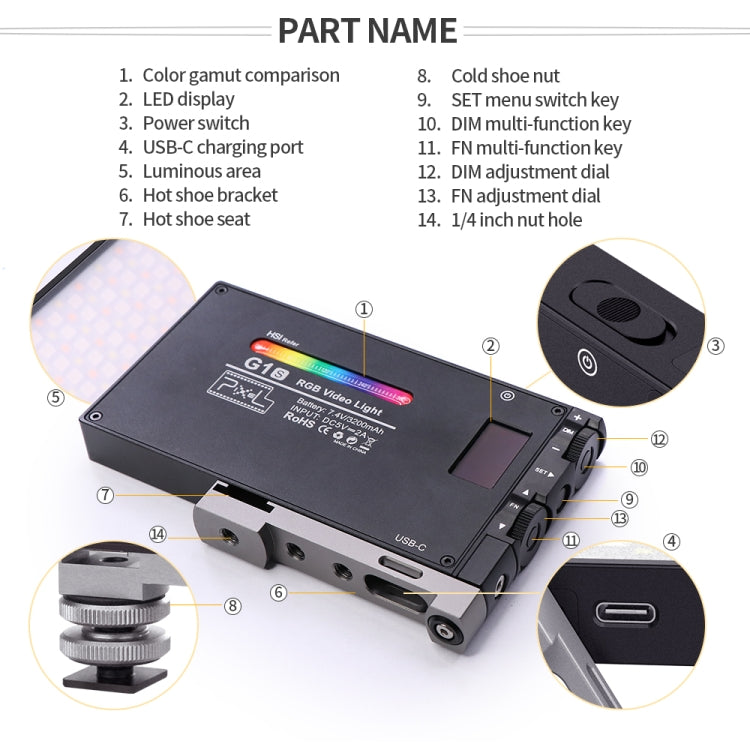Pixel G1S Mini cámara de luz de relleno de color RGB para exteriores Luces de escritorio pequeñas