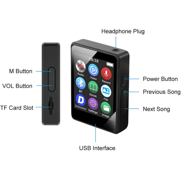Reproductor de música MP3 Bluetooth 5.0 Grabador de libros electrónicos MP4 Walkman, Without Memory Card, 8GB, 16GB, 32GB, 64GB, 128GB