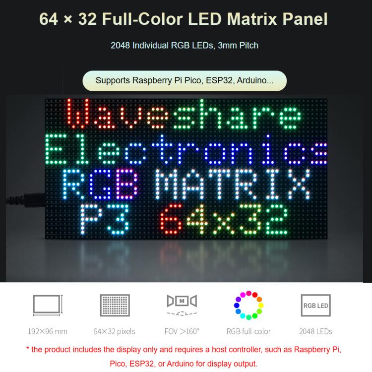 Panel de matriz LED RGB a todo color Waveshare, paso de 3 mm, 64 × 32 píxeles, brillo ajustable,, Standard Version, GOB Version