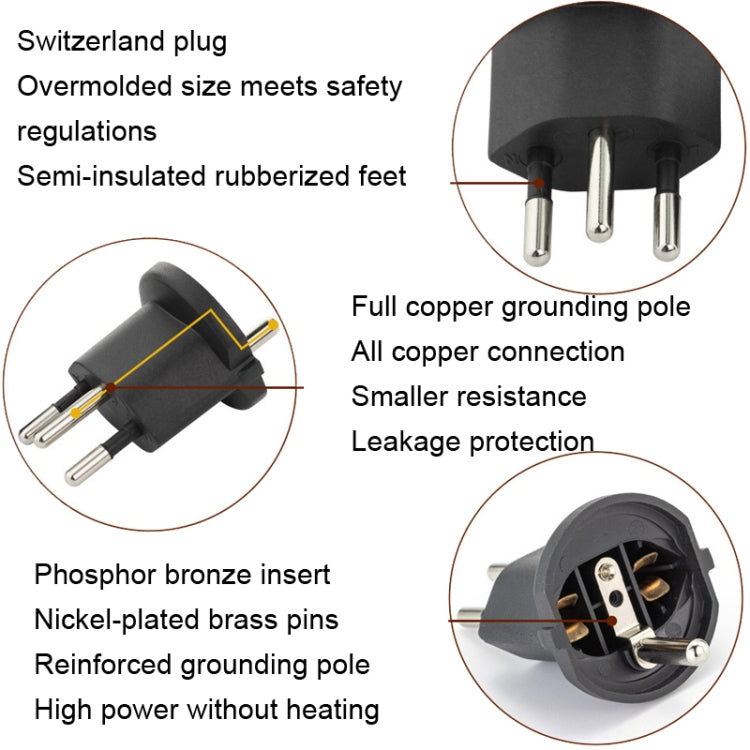Enchufe convertible de UE a Suiza con adaptador de viaje de cable a tierra, With Shell
